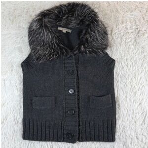 LOFT Women's Small Charcoal Gray Wool Knit Vest Faux Fur Collar Button Front